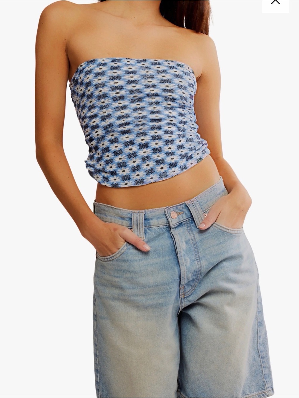 NWT Free People Boulevard Floral Cotton Knit Tube Top Blue XL